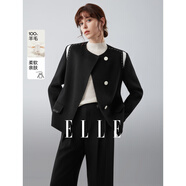 ELLE【型格序曲】法式綿羊毛雙面呢大衣女25冬新款拼接毛呢短外套 黑色 L