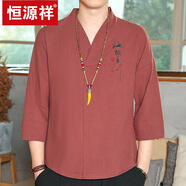 恒源祥中國風(fēng)男裝新款男士短袖t恤棉麻V領(lǐng)七分袖刺繡體恤衫漢服中袖唐裝 酒紅色 XL