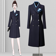 威世品空姐羊毛大衣女秋冬職業(yè)主持毛呢外套珠寶酒店前臺工裝客服工作服 藏青色大衣-淺藍絲巾 (含50%羊毛 M 建議98-107斤