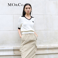 MO&Co.深V大翻領(lǐng)MC刺繡泡泡袖短袖薄款顯瘦針織衫上衣女moco 本白色 XS 155