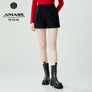 阿瑪施（AMASS）女裝新款綿羊毛壓褶休閑短褲女5100311 黑 M (3碼)