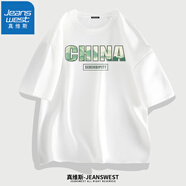 真維斯（JEANSWEST）純棉短袖t恤男夏季時(shí)尚百搭T恤衫青少年學(xué)生半袖寬松情侶上衣服c 白色（水墨中國(guó)） L (體重110斤-130斤)