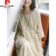 皮爾卡丹（pierre cardin）文藝復(fù)古重工刺繡苧麻連衣裙女春夏七分袖裙子系帶收腰顯瘦大擺裙 圖片色 M 建議95-115斤