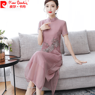 皮爾卡丹中國風(fēng)漢服氣質(zhì)中年母親中式改良旗袍2024年夏季新款連衣裙女 藕色 3XL