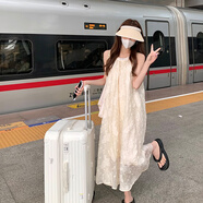 爾山集甜美掛脖連衣裙仙女小個(gè)子海邊度假休閑裙慵懶風(fēng)氣質(zhì)露肩無(wú)袖長(zhǎng)裙 杏色掛脖連衣裙M【建議90-105斤】