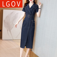 LGOV2025夏季新款短袖西裝領(lǐng)天絲牛仔連衣裙女收腰包臀一步裙長款長裙 氣質(zhì)短袖 L