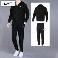 耐克（NIKE）運動套裝男子兩件套 跑步健身訓練外套夾克簡約時尚帥氣 休閑長褲 針織套裝/連帽外套黑拉鏈+束腳長褲 2XL/185