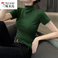 啄木鳥(niǎo)品牌莫代爾高領(lǐng)短袖t恤女夏季女裝新款黑色打底衫針織體恤內搭上 深綠細針織精棉 XL適合108-120斤