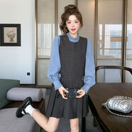 韓系氣質(zhì)打底衫毛呢背心裙子套裝女2025春秋款上衣襯衫時(shí)尚兩件套 藍色襯衫+毛呢裙 S  88-105斤