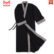 貓人（MiiOW）秋冬古風(fēng)長袍中國風(fēng)漢服睡袍加長禪服睡衣家居服寬松大碼拼色舒適 黑色(三) 國風(fēng)海波加厚長袍 135厘米加長款XL碼