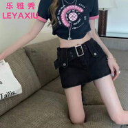 樂(lè )雅秀歐美辣妹牛仔半身裙褲女裝夏季2025年新款短裙防走光a字包臀裙子 黑色 S 80-90斤
