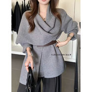 舒朗（SHOW LONG） 韓系松弛氛圍感圍巾領(lǐng)氣質(zhì)慵懶針織開(kāi)衫短外套(配腰帶) 灰色 原版-送腰帶【官方正品】 M