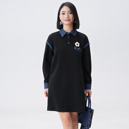 木果果木2024秋季新款立體小花少女風(fēng)拼接中長(cháng)款黑色polo連衣裙 黑色 L