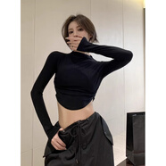 浮夏爵士舞露臍上衣長(cháng)袖超短款黑色性感褶皺T恤春秋半高領(lǐng)修身打底衫 黑色 XS