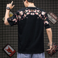 綴櫻鯉魚(yú)刺繡T恤國(guó)潮中國(guó)風(fēng)情侶體恤寬松hiphop五分短袖T恤男夏ins半 (梅花刺繡)黑色 M