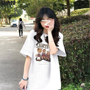 悅法婭純棉短袖t恤女2025夏季新款中長(cháng)款寬松大板遮臀顯瘦學(xué)生百搭女裝 白色 L 【100-120斤】