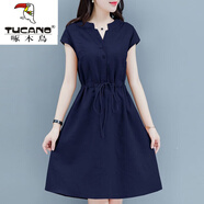 啄木鳥(niǎo)棉麻連衣裙亞麻裙子高檔夏裝2026年新款女小個(gè)子減齡遮肚收腰貴夫 寶藍色 M 建議【90-105斤】