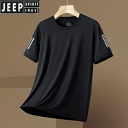 JEEP SPIRIT吉普桑蠶絲彈性滑料短袖t恤男夏季新款寬松加肥加大碼圓領(lǐng)上衣 黑色03款 XL(100-120斤)