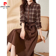 皮爾卡丹英倫風(fēng)格子襯衫連衣裙女士秋季2025年新款氣質(zhì)收腰顯瘦中長(cháng)款裙子 咖色 S