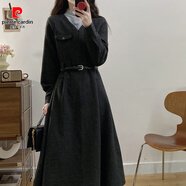 皮爾卡丹加厚毛呢假兩件連衣裙套裝秋冬季新款法式中長(cháng)款遮肉顯瘦長(cháng)袖裙子 灰色假兩件配腰帶 (加厚毛呢) M 建議80-105斤