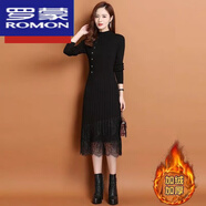 羅蒙（ROMON）加絨加厚針織連衣裙女中長(cháng)款過(guò)膝長(cháng)裙秋冬韓版長(cháng)袖蕾絲打底毛衣裙 【加絨加厚】黑色 XL 建議115-125斤
