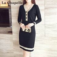 拉夏貝爾（La Chapelle）2025秋冬新款V領(lǐng)紐扣打底衫韓版修身顯瘦中長(cháng)款T恤女復古通勤風(fēng)針 黑色(長(cháng)袖) L 適合106-115斤