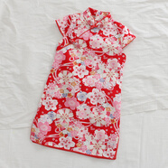 道花途中國風(fēng)女童復古棉棉麻短袖連衣裙兒童寶寶2024夏季旗袍裙子唐裝 紅色櫻花 90 cm 90cm