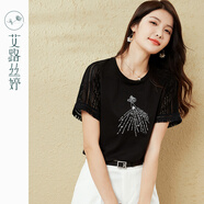 艾路絲婷精美刺繡短袖T恤女2022夏新款蕾絲拼接圓領(lǐng)法式優(yōu)雅上衣55061 黑色 XL