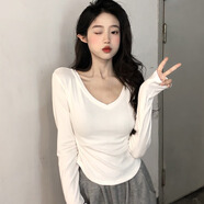 妙奕嘉長(cháng)袖t恤女士白色黑色打底衫女可外穿秋裝新款2025年上衣正肩秋衣 V領(lǐng)弧底長(cháng)袖T恤【白色】 XL 【建議120-140斤】