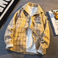 唐號春秋款小香風(fēng)刺繡外套男高級感痞帥工裝夾克潮牌寬松休閑格子襯衫 XXF008 黃色 XL