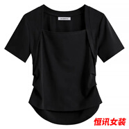 美梵朗大碼女裝胖mm夏季褶皺方領(lǐng)正肩短袖T恤女設(shè)計感小眾收腰短款上衣 黑色-顯瘦胖妹妹女裝 2XL -顯瘦胖妹妹女裝