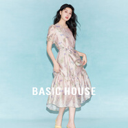 Basic House/百家好輕奢肌理感蝴蝶連衣裙夏季系帶雙層中長(cháng)裙2025 粉色 S （90-105斤）