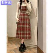 麥潮尚兩件套裝法式復(fù)古新年戰(zhàn)袍毛呢背帶連衣裙女學(xué)生+白色打底衫上衣 套裝紅色背帶裙+白色打底上衣 S