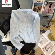 皮爾卡丹（pierre cardin）小香風(fēng)慵懶軟糯針織毛衣外套女春秋溫柔甜美減齡釘珠長(cháng)袖開(kāi)衫上衣 藍色 L