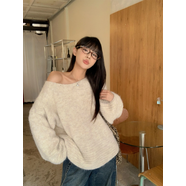 LXKP毛衣女2024秋冬新款松弛感斜肩蝙蝠袖甜美性感露肩慵懶針織 杏色