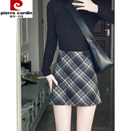 皮爾卡丹（pierre cardin）200斤可穿毛呢格子半身裙秋冬美式復古短裙女高腰A字格紋包臀裙 黑藍色 5XL