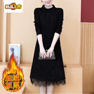 初徑加肥加大碼秋冬新款胖mm加絨加厚蕾絲打底衫長(cháng)袖黑色中長(cháng)裙連衣裙 黑色(加絨版) XL 【建議120-135斤】