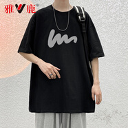 雅鹿短袖T恤男純棉夏季男裝潮流港風(fēng)寬松半袖上衣閑潮牌半截袖體恤 T398黑色 S 【建議體重80-100斤】