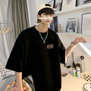 至唯 重磅短袖t恤男夏季美式復古潮流牌寬松純棉衣服oversize高街體恤 T909黑色 XL【推薦120-130斤】