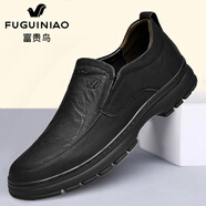 富貴鳥(niǎo)男鞋頭層牛皮高檔休閑鞋男士軟底防滑中老年爸爸皮鞋男真皮 黑色套腳 FG1076陳輝 37