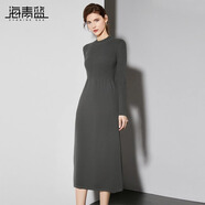海青藍（CYANINE SEA）簡(jiǎn)約氣質(zhì)圓領(lǐng)收腰針織連衣裙女2024秋冬季大衣內搭打底毛衣裙子 灰色 M