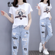 歐迪惠新款休閑褲女裝套裝2025年夏季韓版氣質(zhì)短袖衣服女直筒牛仔褲子女 白T+淺色 M