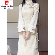 皮爾卡丹（pierre cardin）秋冬旗袍2025年新款年輕款女長袖高端氣質(zhì)改良連衣裙蕾絲加絨冬款 米白色加絨1397 加厚 L