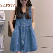 夏典素訂女王（SE.PSTP）2025年夏季新款牛仔吊帶連衣裙女外搭寬松背帶裙小個(gè)子短裙背心裙 藍色牛仔連衣裙 M