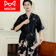 貓人（MiiOW）睡袍男士夏季短袖冰仿真絲薄一體式寬松睡衣浴袍家居服春秋套裝 短 袖仙鶴夢(mèng)幻黑【短 袖睡袍】 M 165 100 130斤