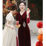 溫彌喜媽媽旗袍冬季金絲絨喜服婚宴晚禮服長袖喜婆婆參加媽媽冬裝連衣 酒紅色 M