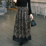 美洋（MEIYANG）月光曲半裙重工麻骨繩亮片繡波光粼粼復古A字長(cháng)裙高腰顯瘦半身裙 花黑色 S