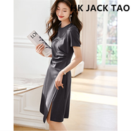 hk jack tao連衣裙女 輕奢潮牌夏季新款休閑顯瘦百搭印花打褶開叉T恤連衣裙 深灰色 S
