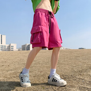 芷棠短褲男2024夏季新款青年潮流寬松直筒五分工裝中褲松緊口袋休閑褲 玫紅色 M