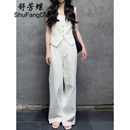 舒芳蝶（shufangdie）高級感亞麻白色馬甲套裝女潮2026夏季新款麻料闊腿褲時(shí)髦棉麻女裝 白色現貨 馬甲+褲子 S